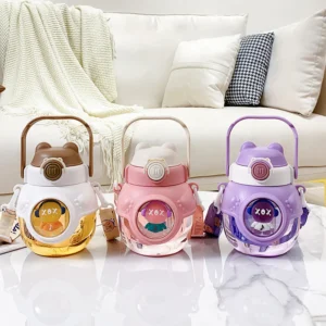 2-in-1 Hug Bear Water Bottle – Big Belly, Dual Straw